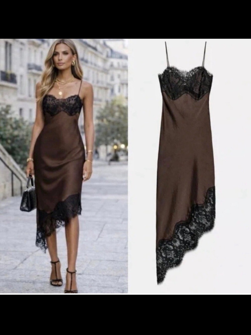 Zara Asymmetric Satin Lace Dress - S - New
